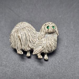 Gerrys Pekingese Dog Brooch Gray Enamel Green Rhinestone Eyes Vintage